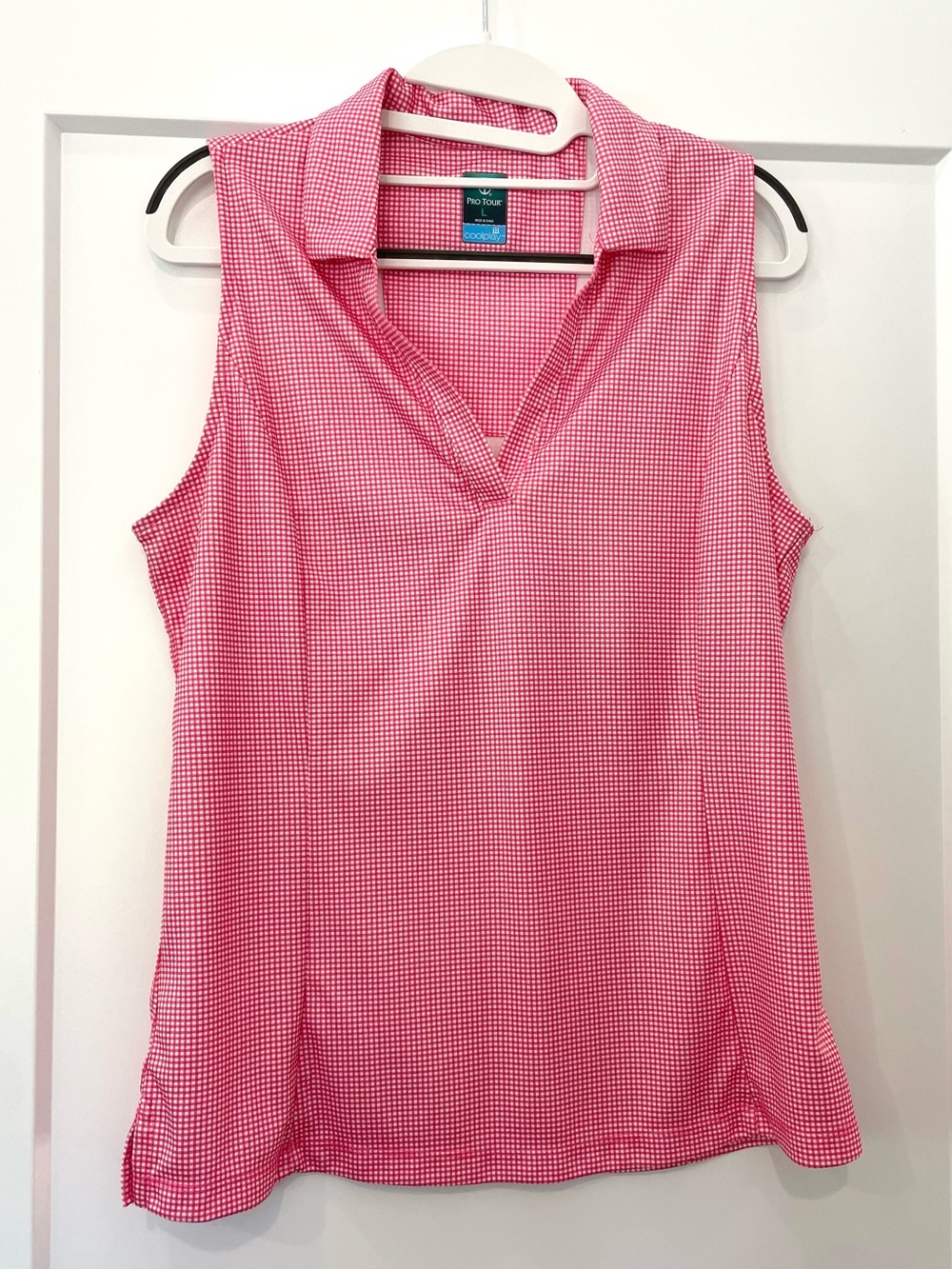 Women's Pro Tour Cool Play Pink Gingham plaid Sleeveless Polo Top Large